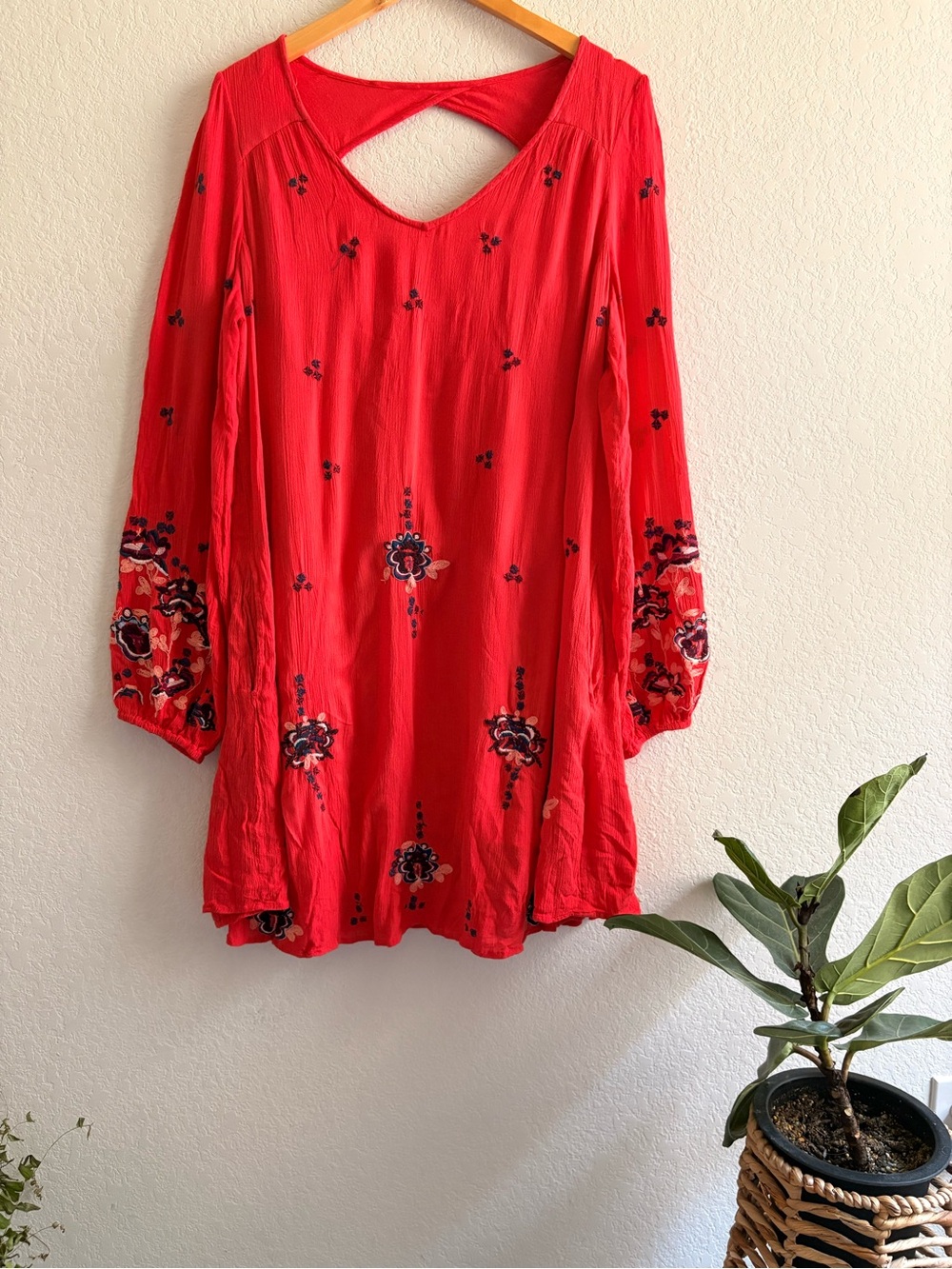 Free People Floral Embroidered Babydoll Dress Women Orange Red Size Large